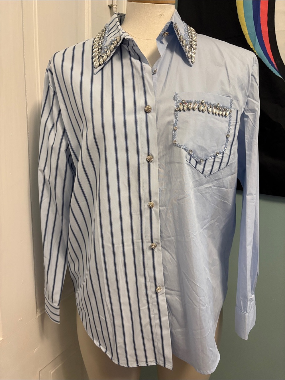 Beaded Collar Light Blue Striped Button-Down Shirt
